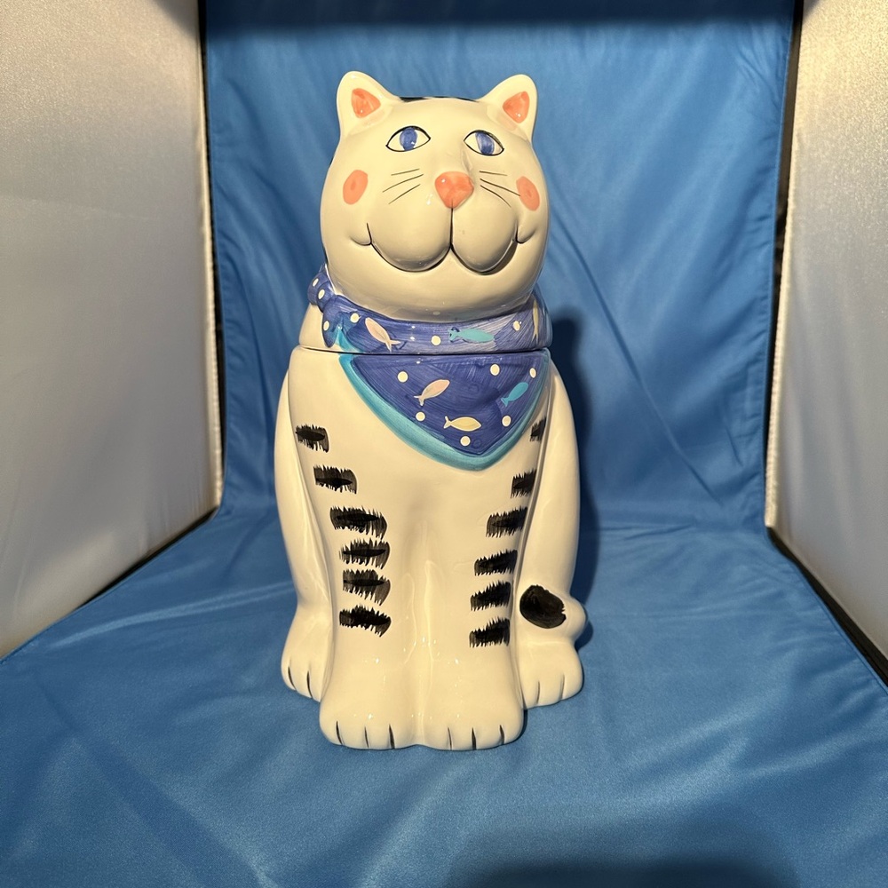 🔥👀🔥 Vintage Coco Dowley CAT Cookie Jar 1990 Blue Scarf